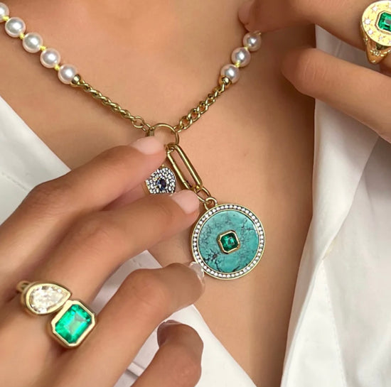 Jemma Wynne Prive Turquoise Pendant with Bezel Set Zambian Emerald Center and Pave Diamond Border