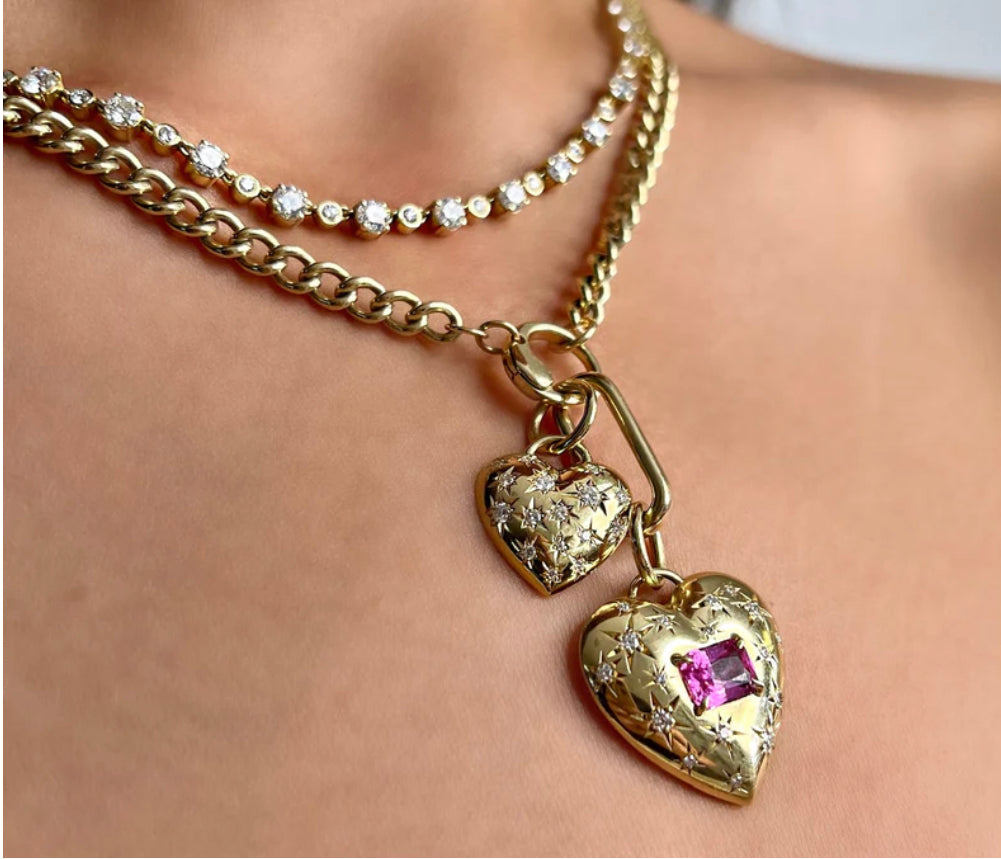 Jemma Wynne Anniversary Large Puffed Heart Pendant with Rectangle Pink Sapphire Center and Diamonds