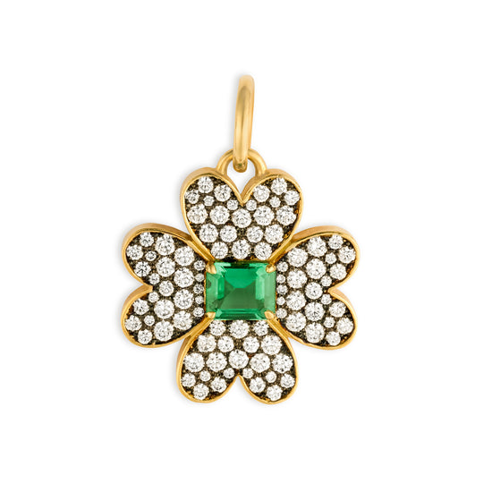 Jemma Wynne Prive Large 4 Leaf Clover Pendant with Fine Zambian Emerald Center and Blackened Pave Diamonds