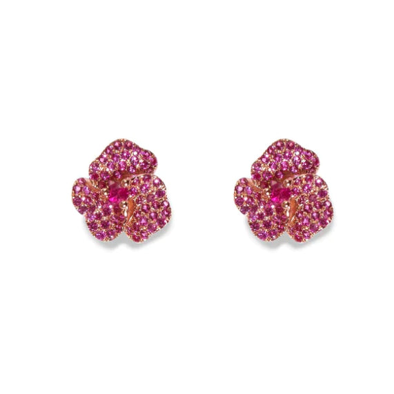 AS29 Bloom Mini Flower Dark Pink Sapphires Earrings in Rose Gold