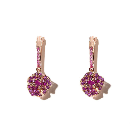 AS29 Bloom Petit Flower Dark Pink Sapphires Hoops Earrings in Rose Gold