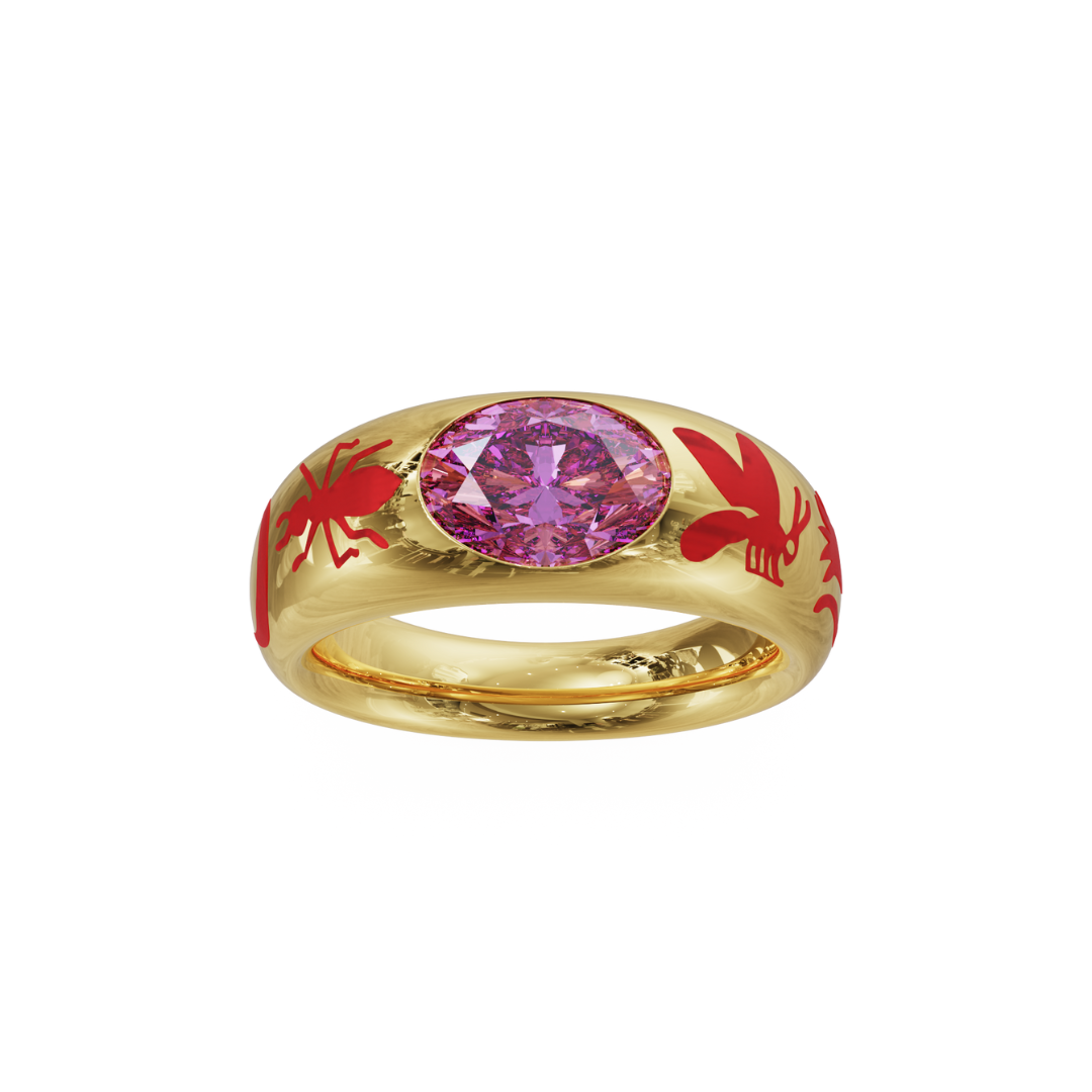 Load image into Gallery viewer, Dyne x The Seven 18K Yellow Gold Bombe Ring with Pink Tourmaline, Diamonds, and Vitreous Enamel
