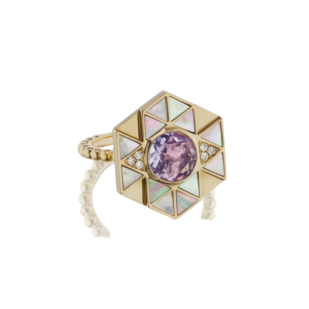 Load image into Gallery viewer, Harwell Godfrey Evil Eye Inlay Ring - Mother of Pearl &amp;amp; Amethyst
