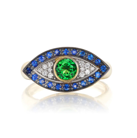 Load image into Gallery viewer, Holly Dyment Evil Eye Ring - Blue Sapphire, Tsavorite and White Diamond
