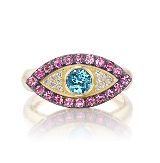 Load image into Gallery viewer, Holly Dyment Evil Eye Ring - Tourmaline and Blue Topaz
