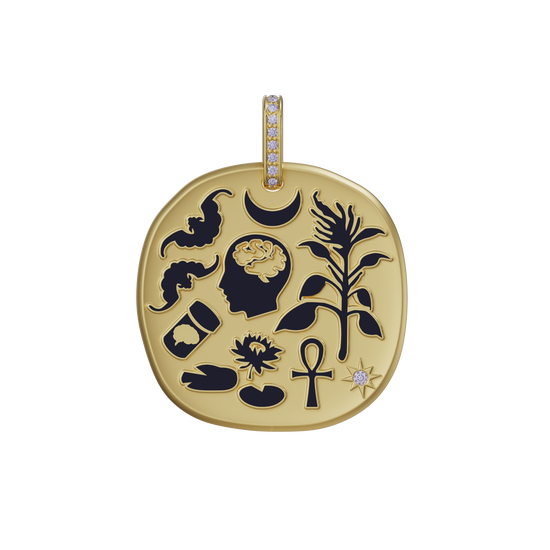 Load image into Gallery viewer, Dyne x The Seven 18K Yellow Gold Large Two-Sided Pendant with Diamonds &amp;amp; Black Vitreous Enamel
