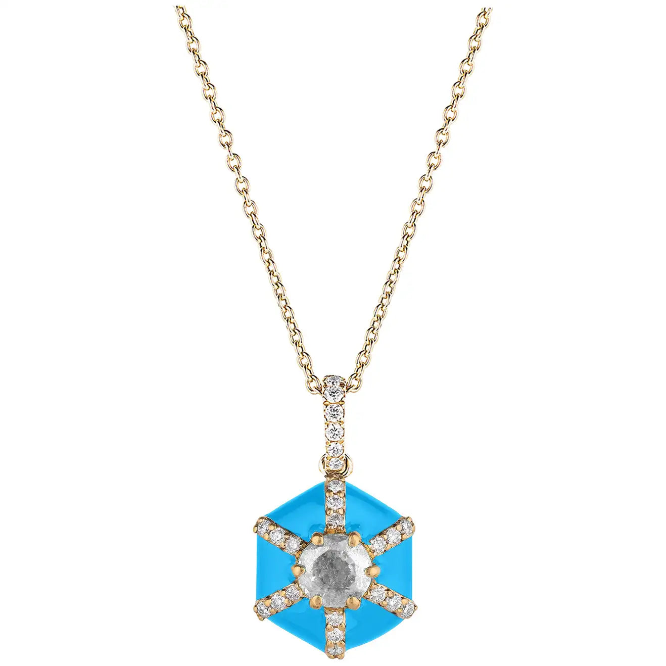 Goshwara Queen Hexagon Diamond Pendant with Turquoise Enamel