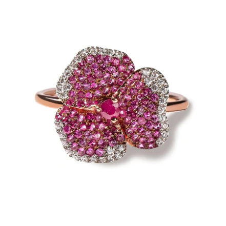 AS29 Bloom Small Flower Dark Pink Sapphires Ring in Rose Gold