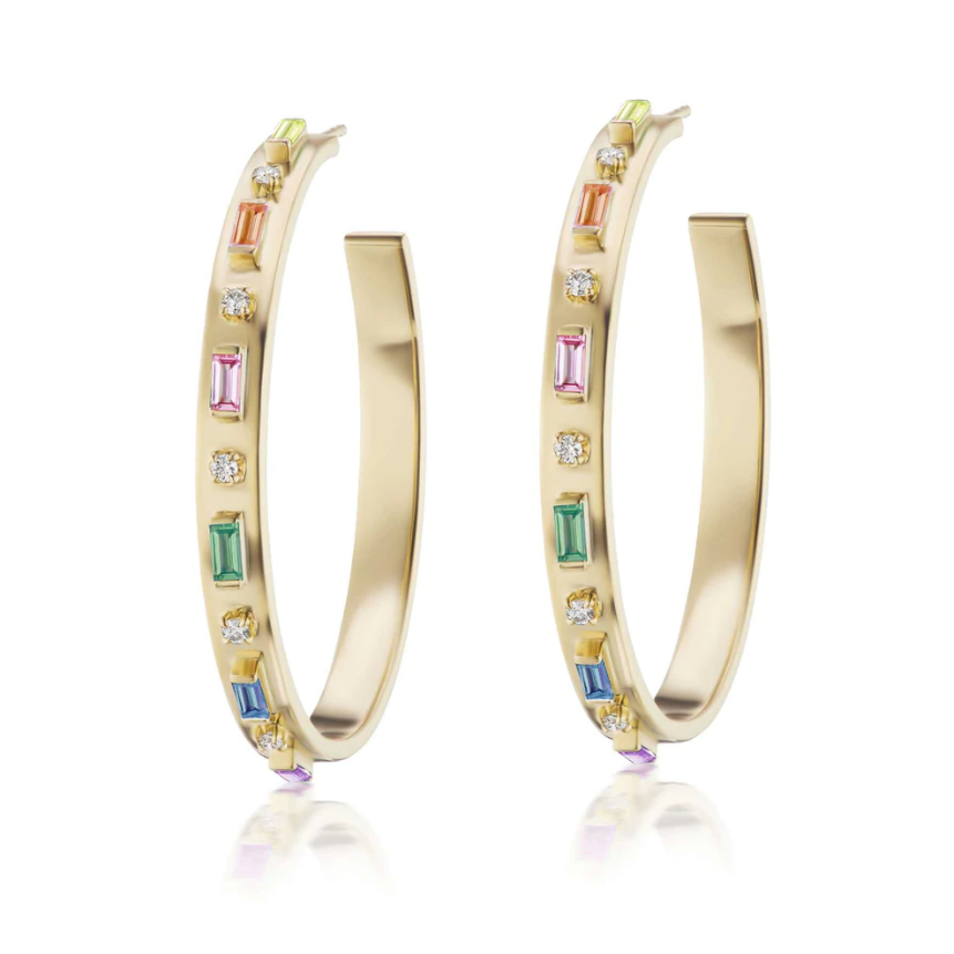 Sorellina Baguette and Diamond Hoops with Rainbow Sapphires and Diamonds