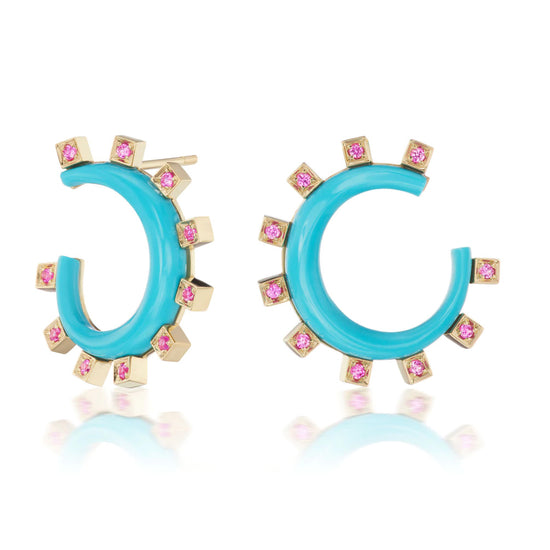 Sorellina Monroe Mini Crescent Earrings with Turquoise and Pink Sapphires