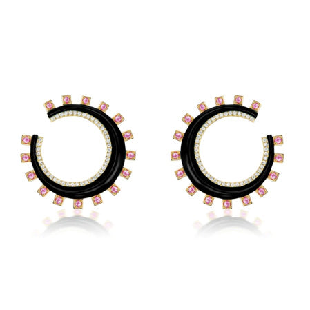 Sorellina Monroe Crescent Earrings with Onyx, Pink Sapphire, Diamond