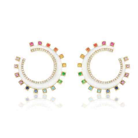 Sorellina Monroe Crescent Earrings with White Onyx, Rainbow & Diamonds