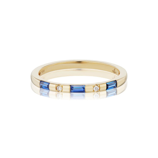 Load image into Gallery viewer, Sorellina Single Row Tarot Baguette Band 18k yellow gold ring with Blue Sapphire, Diamond
