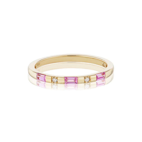 Sorellina Single Row Tarot Baguette Band 18k yellow gold ring with Pink Sapphire, Diamond